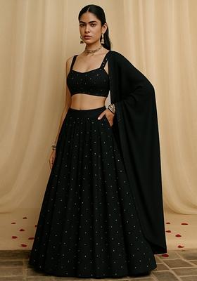Black Silk Embroidered Lehenga Set