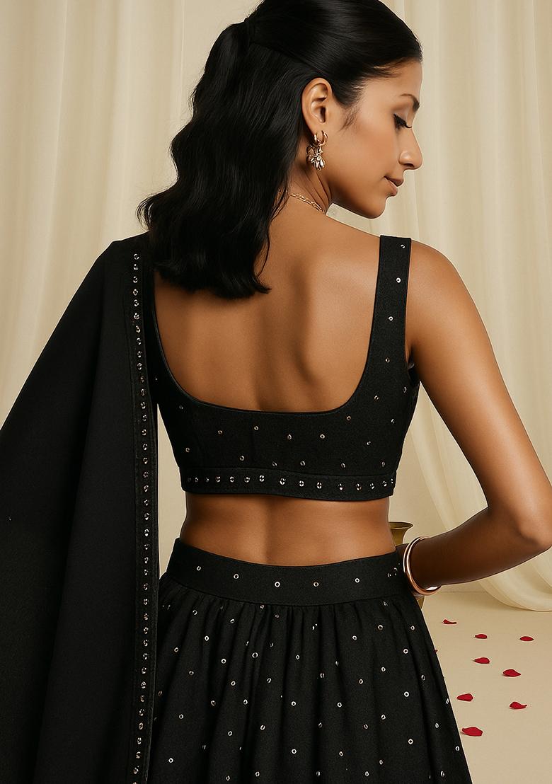 Black Silk Embroidered Lehenga Set - Indya