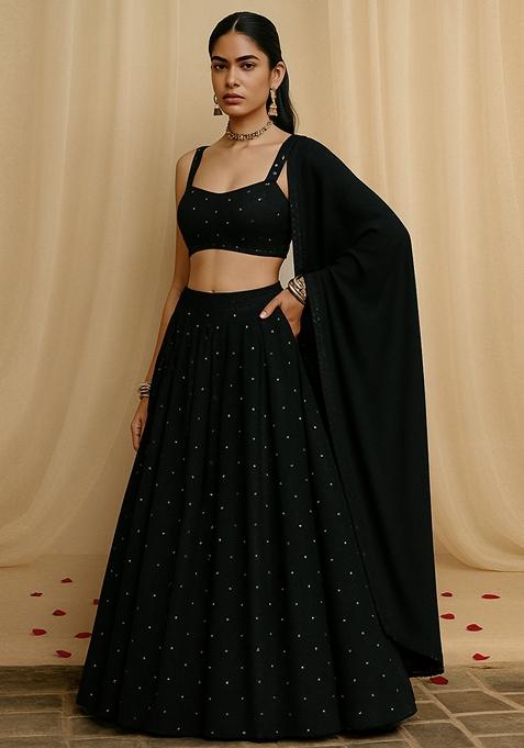 Black Silk Embroidered Lehenga Set