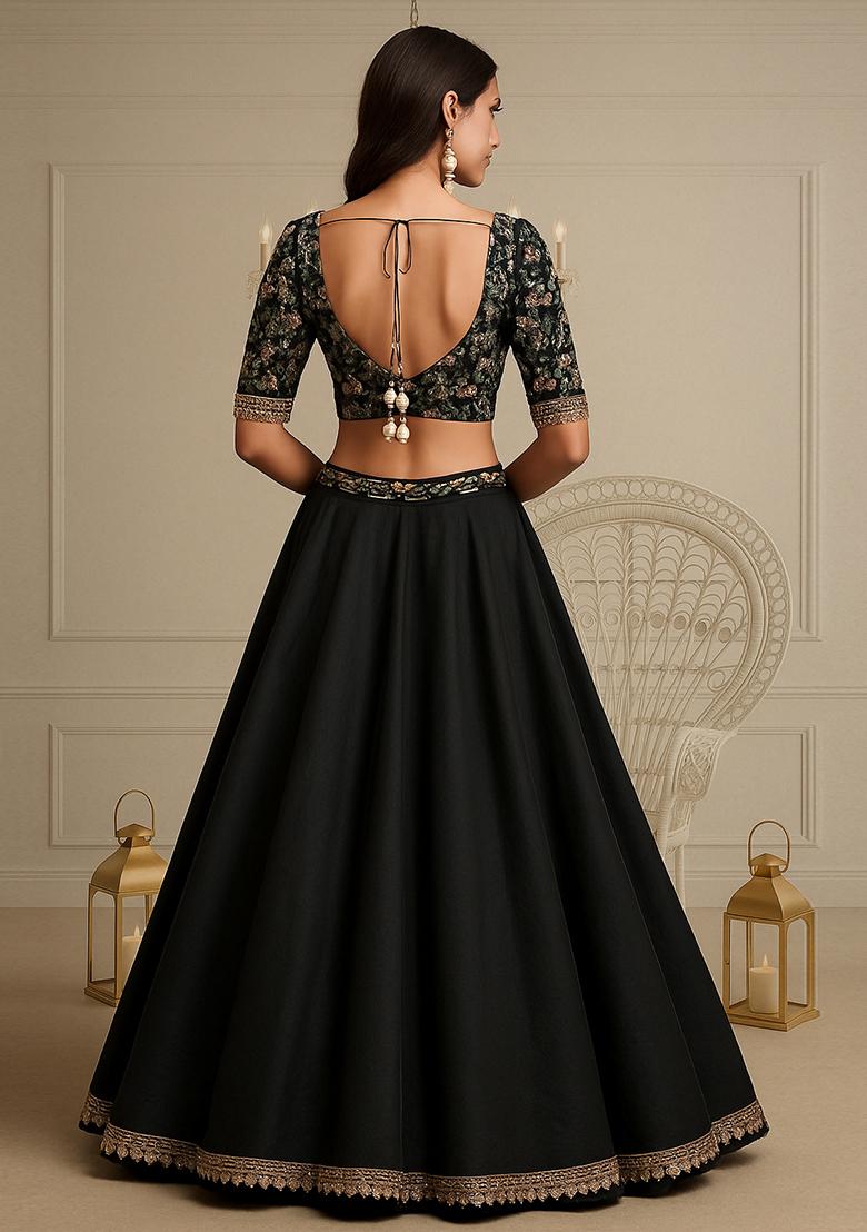 Black Embellished Blouse With Lehenga Set - Indya