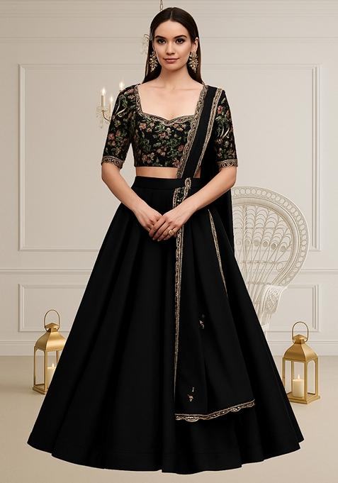 Black Embellished Blouse With Lehenga Set
