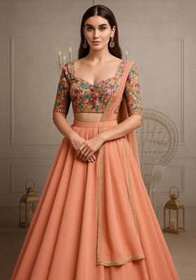 Peach Embroidered Blouse With Lehenga Set