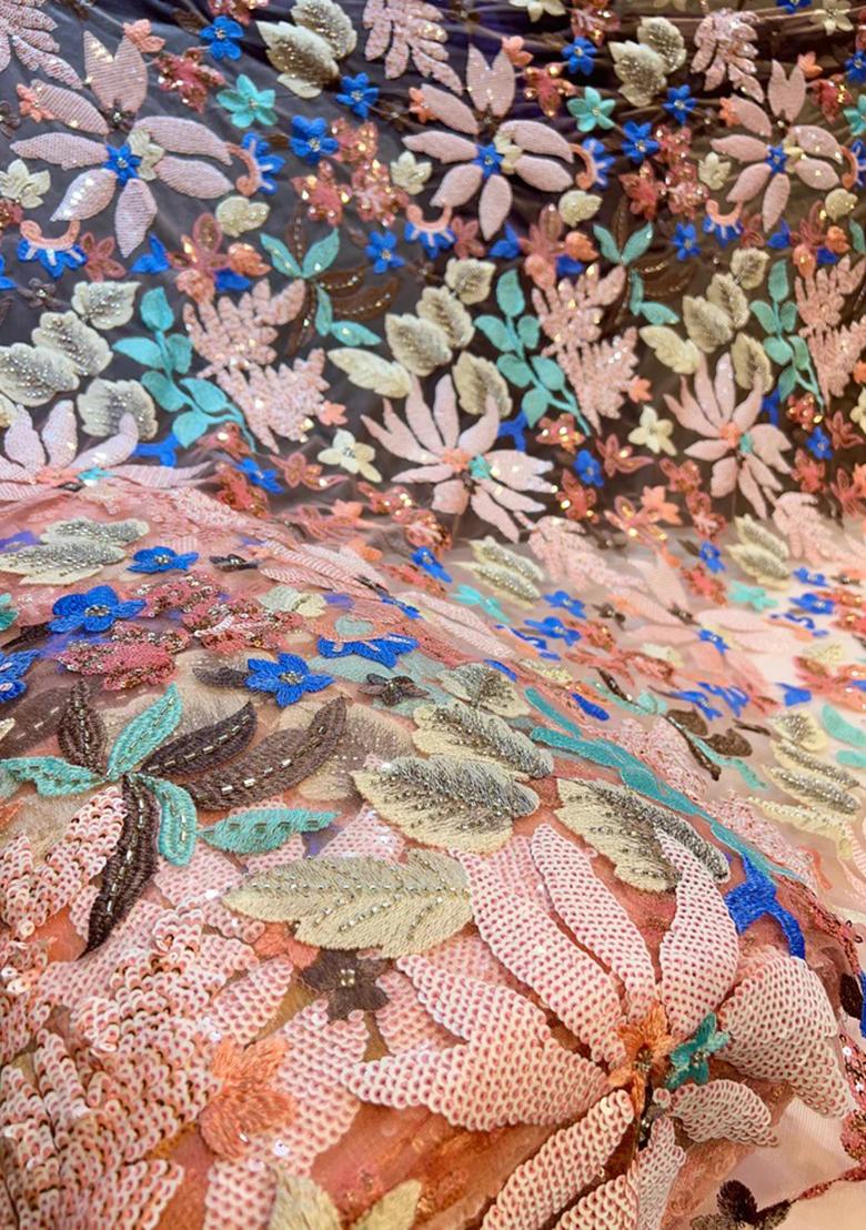 Peach Embroidered Blouse With Lehenga Set