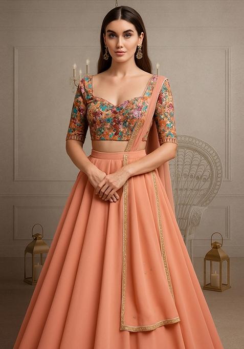 Peach Embroidered Blouse With Lehenga Set