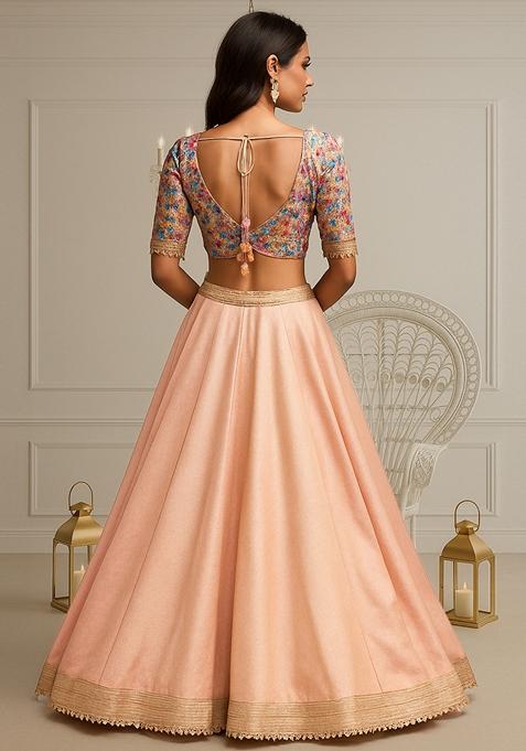 Peach Embroidered Blouse With Lehenga Set
