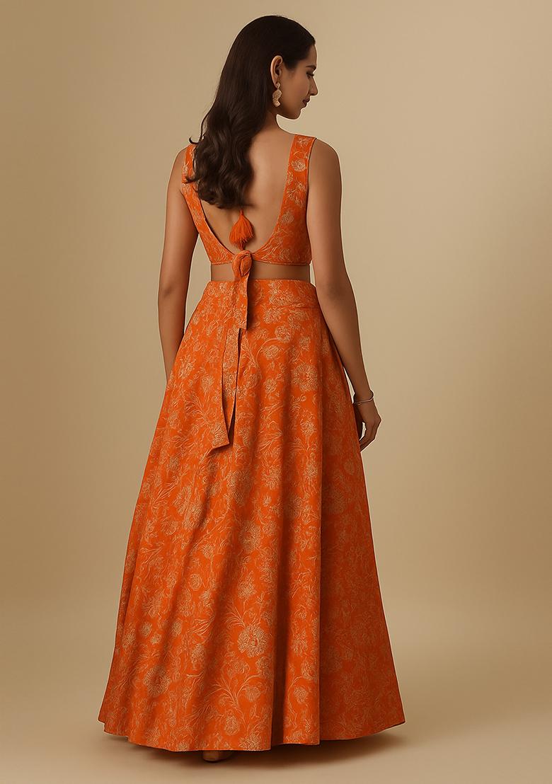 Saffron Orange Slub Silk Embroidered Lehenga Set - Indya