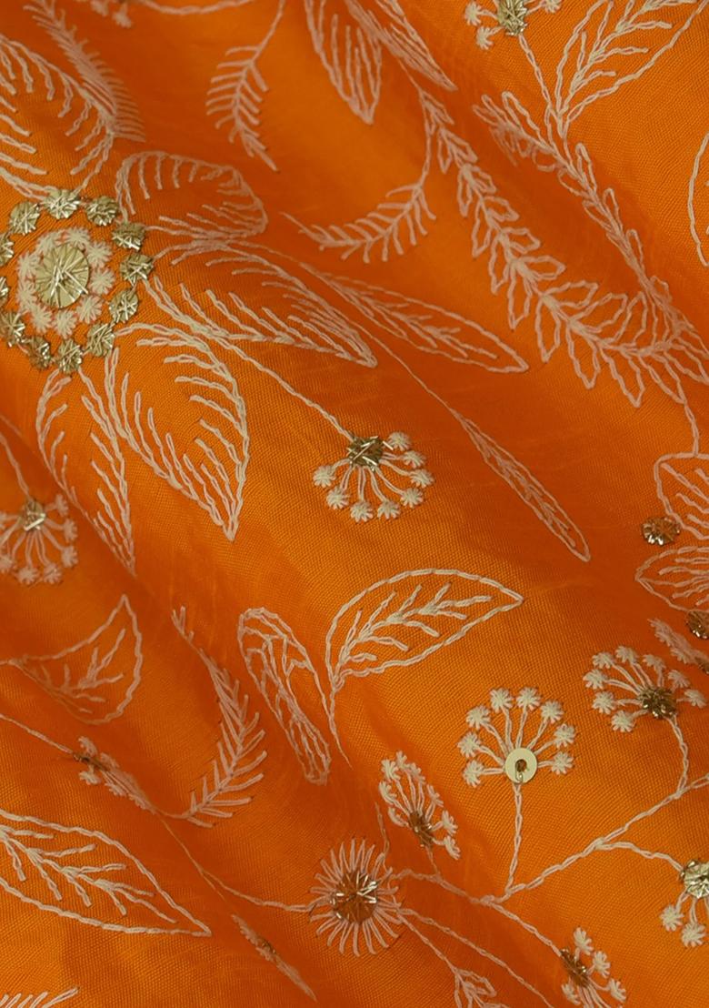 Saffron Orange Slub Silk Embroidered Lehenga Set - Indya