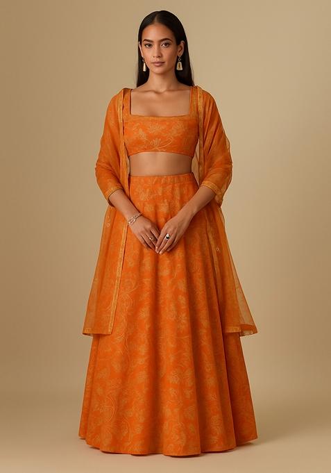 Saffron Orange Slub Silk Embroidered Lehenga Set