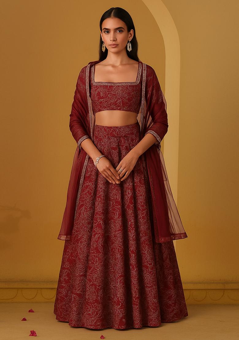 Blood Red Dola Silk Embroidered Lehenga Set