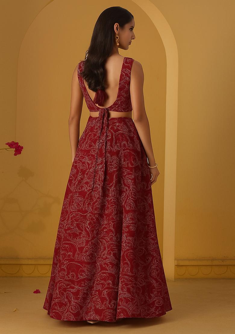 Blood Red Dola Silk Embroidered Lehenga Set - Indya