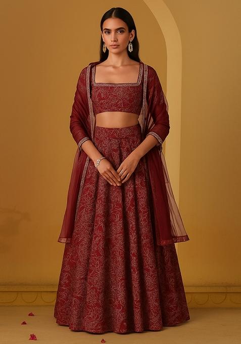 Blood Red Dola Silk Embroidered Lehenga Set