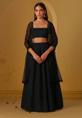 Black Silk Embroidered Lehenga Set