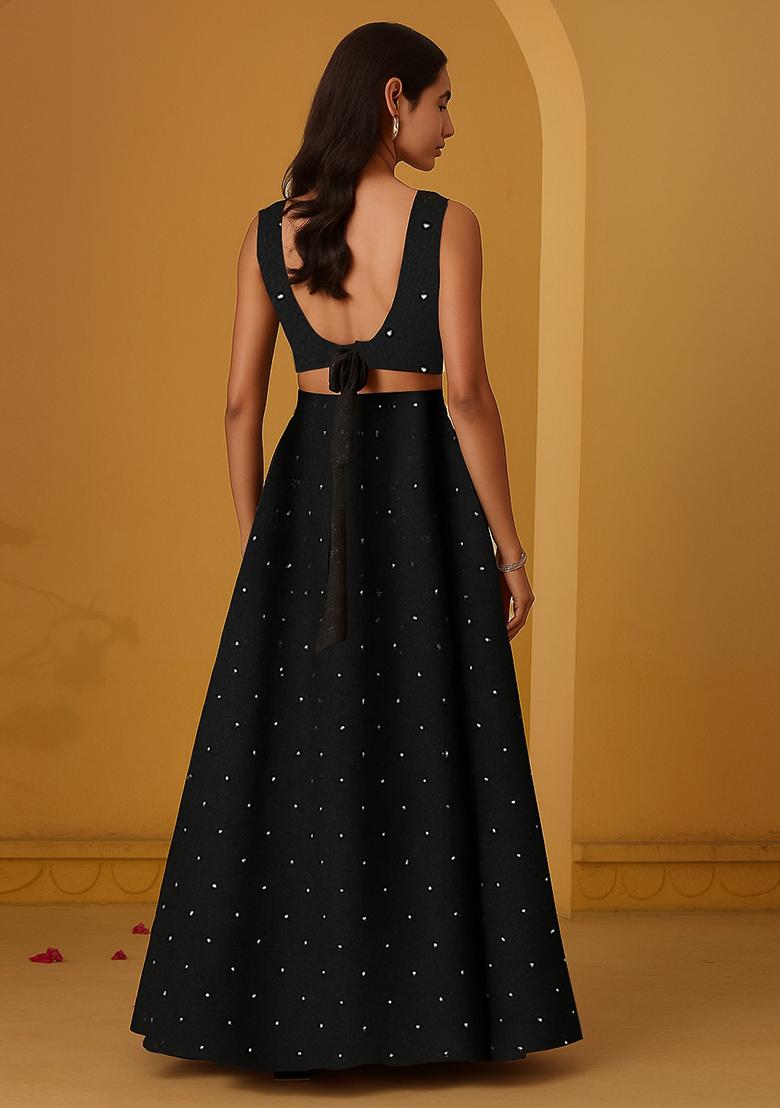 Black Silk Embroidered Lehenga Set - Indya