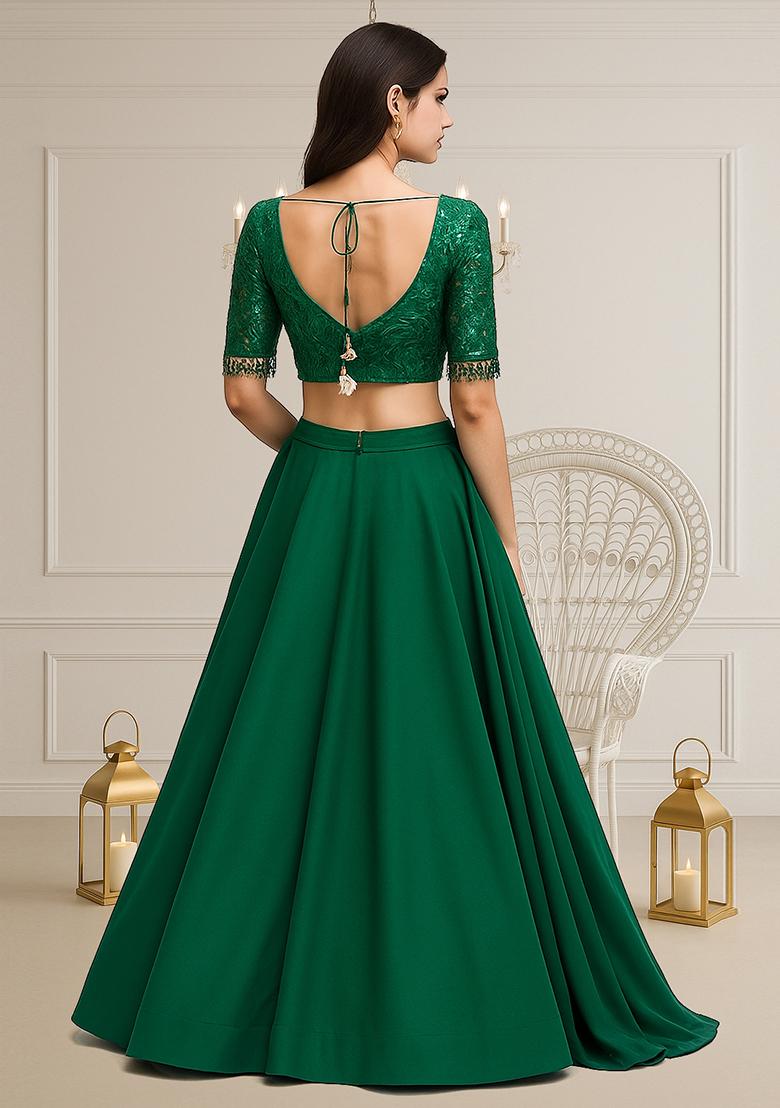 Dark Green Embroidered Blouse With Lehenga Set