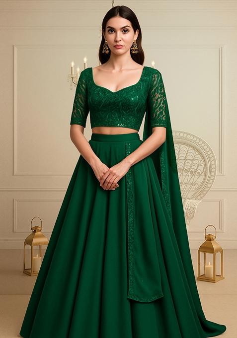 Dark Green Embroidered Blouse With Lehenga Set