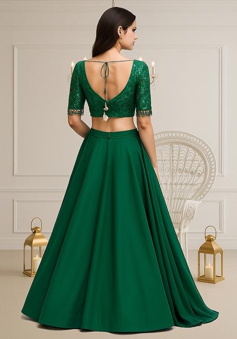 Dark Green Embroidered Blouse With Lehenga Set