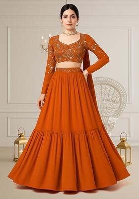Orange Embellished Blouse With Lehenga Set