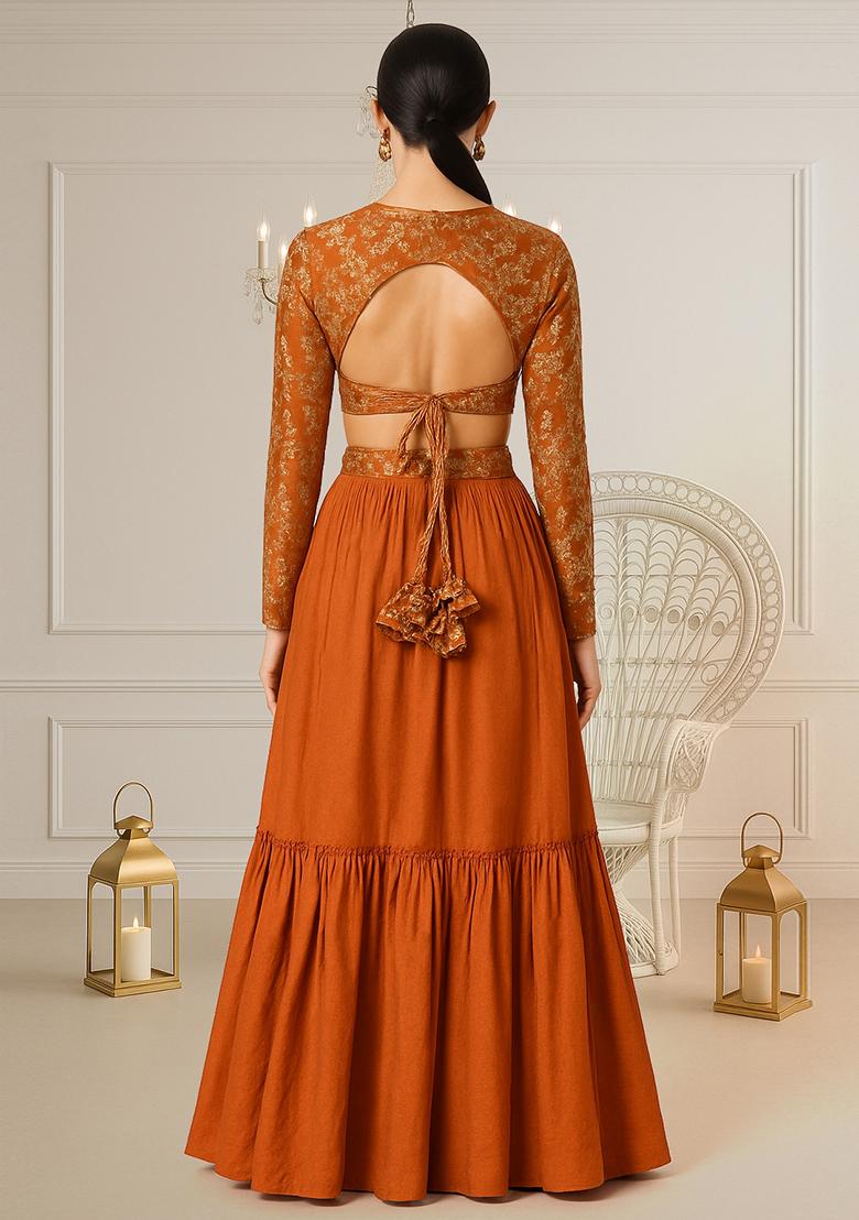 Orange Embellished Blouse With Lehenga Set - Indya