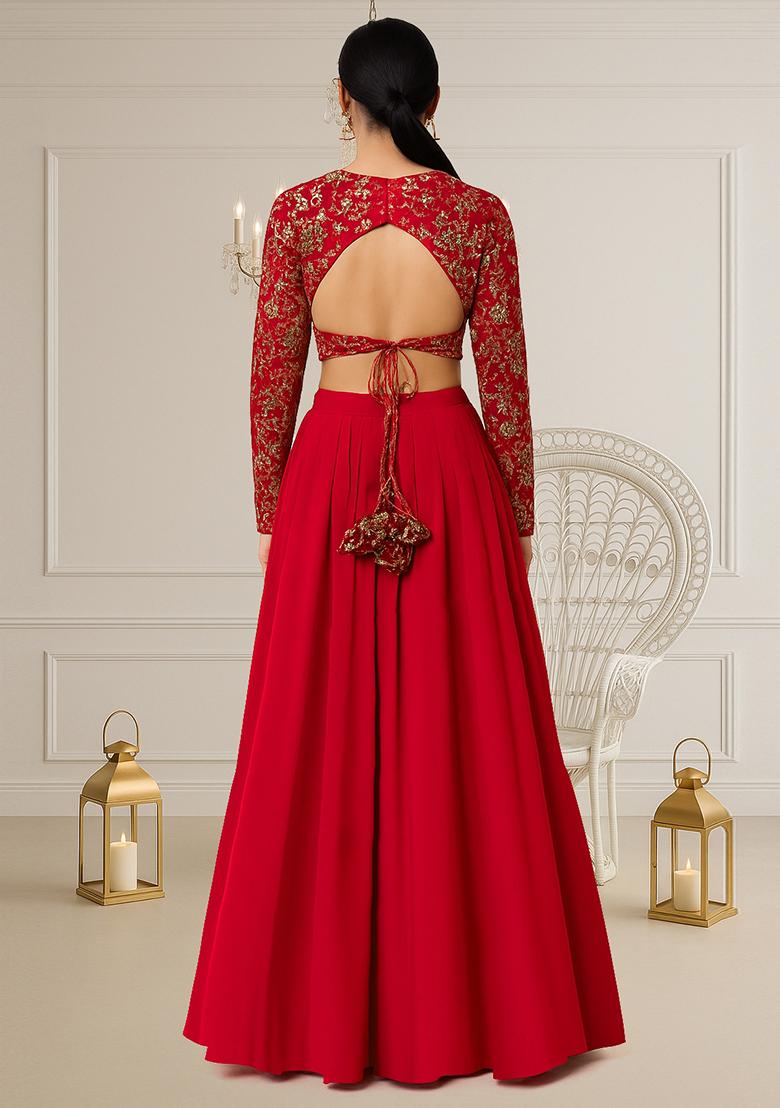 Pink Embellished Blouse With Lehenga Set - Indya