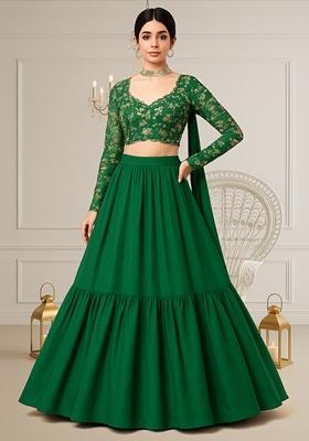 Green Embellished Blouse With Lehenga Set