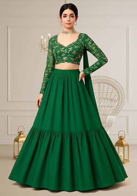 Green Embellished Blouse With Lehenga Set