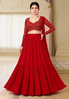 Red Embellished Blouse With Lehenga Set
