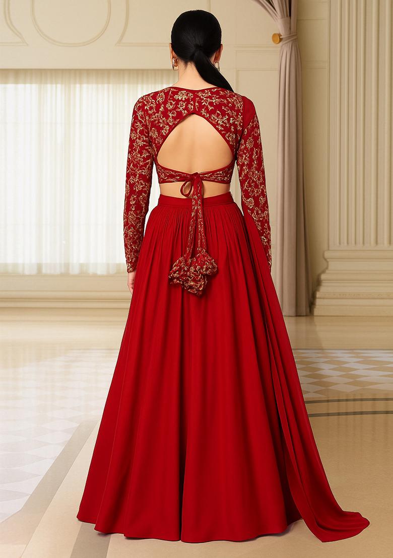 Red Embellished Blouse With Lehenga Set - Indya
