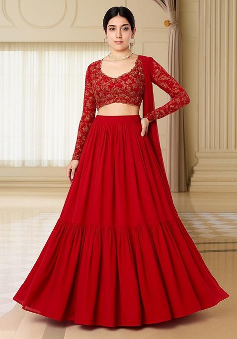 Red Embellished Blouse With Lehenga Set
