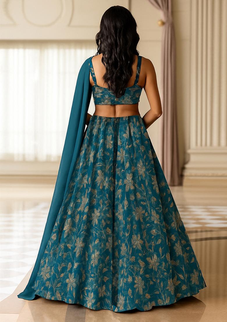 Teal Blue Georgette Printed Lehenga Set - Indya