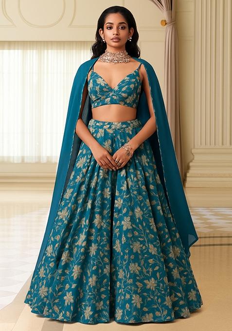Teal Blue Georgette Printed Lehenga Set