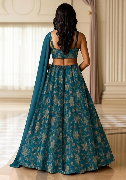 Teal Blue Georgette Printed Lehenga Set
