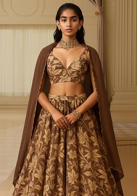 Chocolate Brown Georgette Printed Lehenga Set