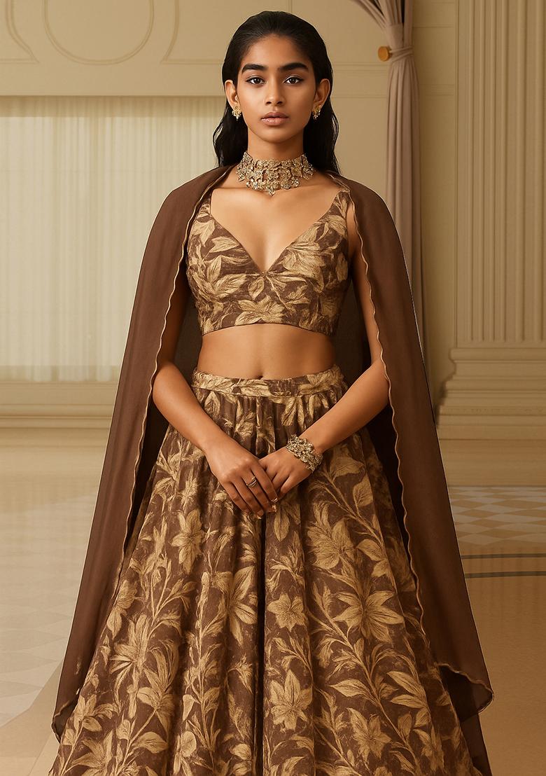 Chocolate Brown Georgette Printed Lehenga Set
