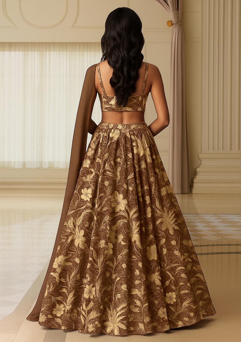 Chocolate Brown Georgette Printed Lehenga Set - Indya