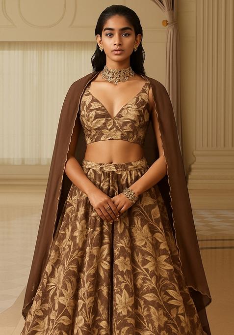Chocolate Brown Georgette Printed Lehenga Set