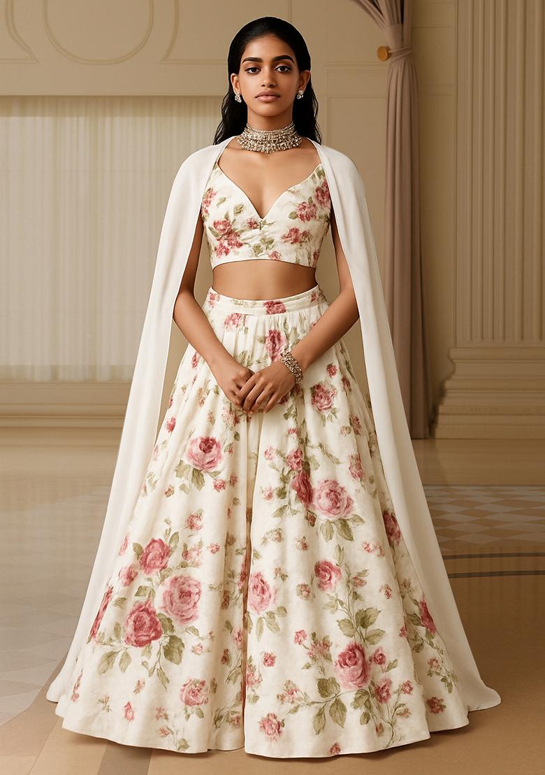 White Georgette Printed Lehenga Set