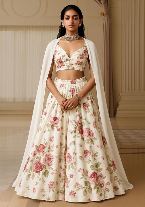 White Georgette Printed Lehenga Set