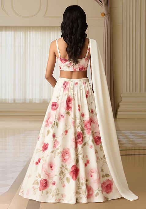 White Georgette Printed Lehenga Set