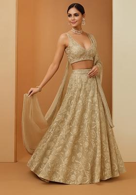 Off White Georgette Embroidered Lehenga Set