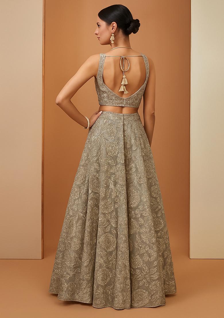 Off White Georgette Embroidered Lehenga Set - Indya