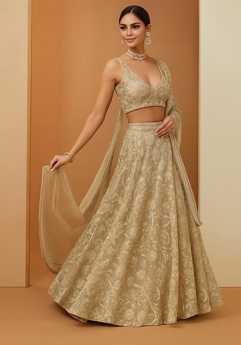 Off White Georgette Embroidered Lehenga Set