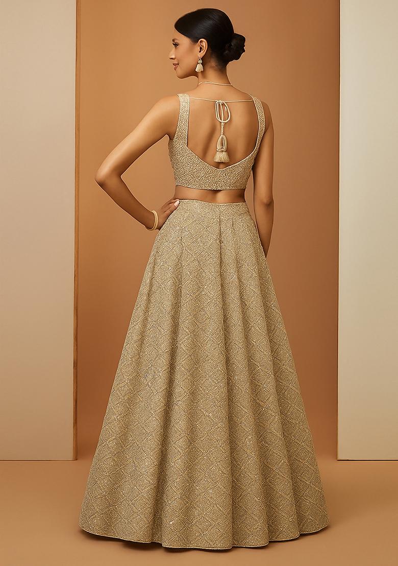 Off White Georgette Embroidered Lehenga Set - Indya