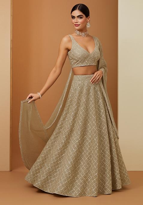 Off White Georgette Embroidered Lehenga Set