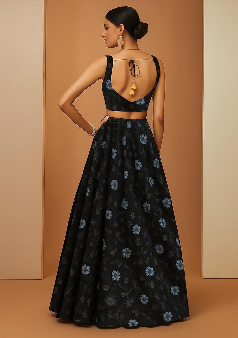Black Georgette Embroidered Lehenga Set - Indya