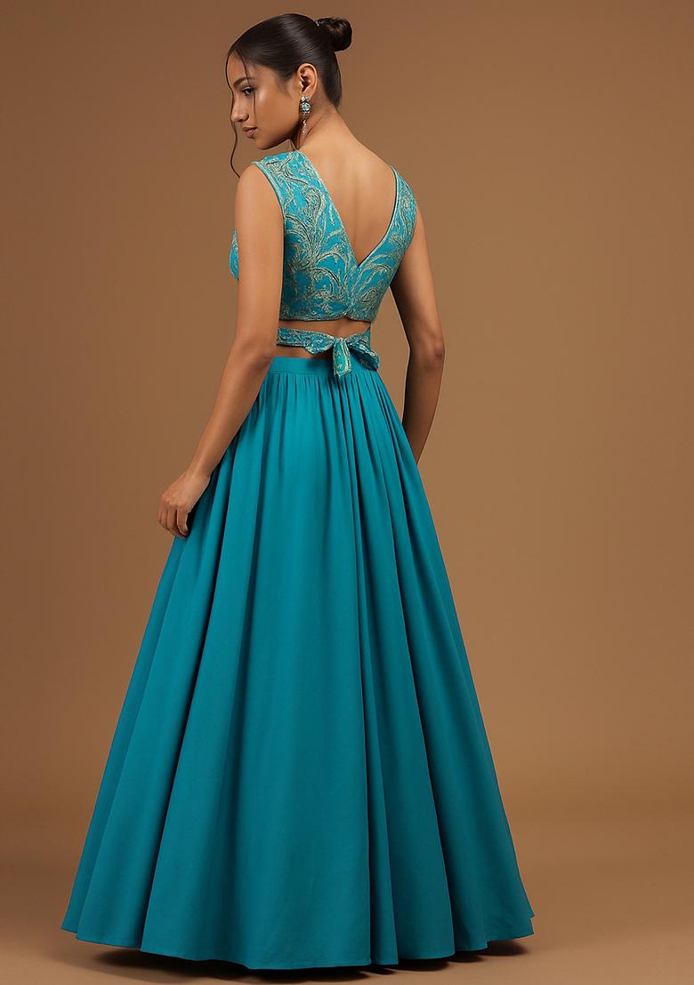 Sky Blue Embellished Blouse With Lehenga Set - Indya