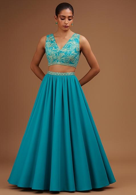 Sky Blue Embellished Blouse With Lehenga Set