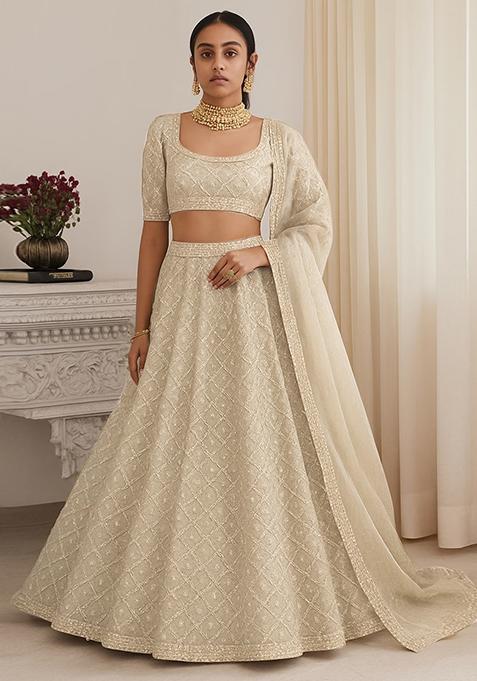 Beige Georgette&nbsp;Embroidered Lehenga Set
