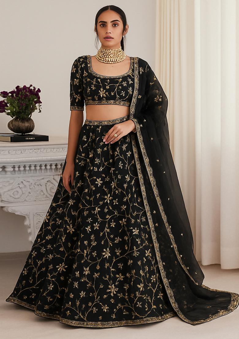 Black Georgette Embroidered Lehenga Set