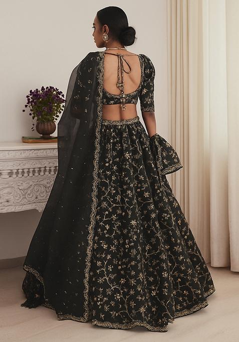 Black Georgette Embroidered Lehenga Set