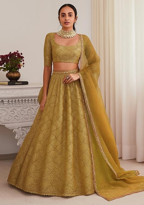 Gold Georgette Embroidered Lehenga Set